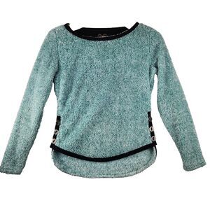 Wooly Bully Wear Colorado Womens XS Fuzzy Blue Green Pullover Sweater Cozy Warm
